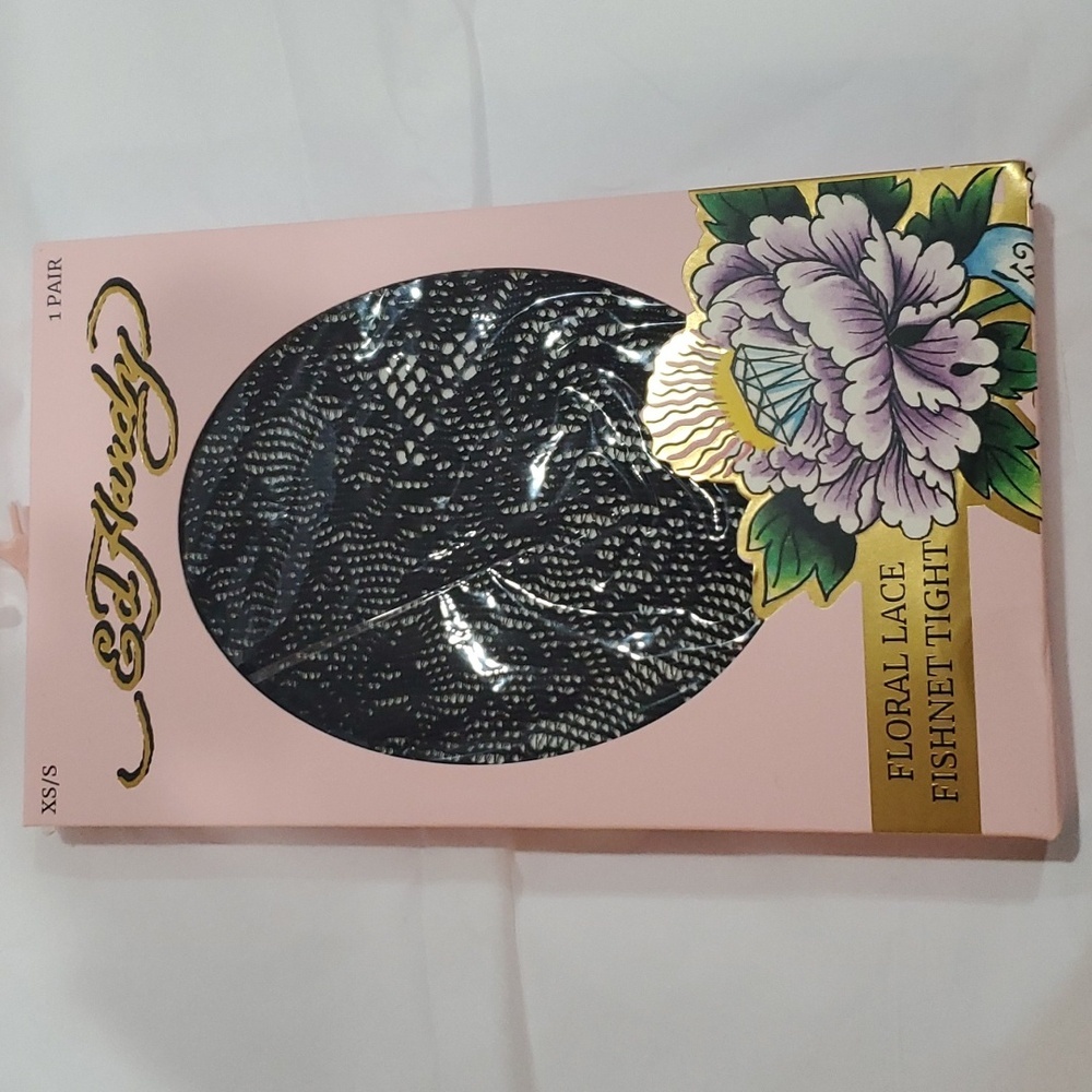 Ed Hardy black floral lace fishnet tights stockings pantyhose size XS/S 1 pair